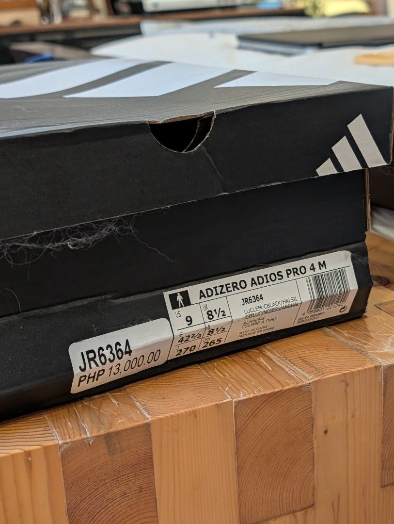 Adidas Adizero Adios Pro 4 (Category: Other Sports Equipment and Supplies) located in Pasay City. Submitted by bottomdrawermnl (Listing ID 1464427984, Image 2). Description: ADIZERO ADIOS PRO 4 M Condition: 9.5/10 Issues: none - Used only on VERMOSA track (5km run) - Size: US 9 / UK 8.5 - Lightstrike Pro cushioning - Outsole: Continental rubber - Original Price: PHP 13,000.00 RFS: injured.