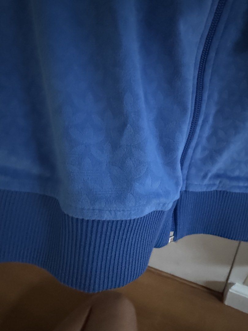 Adidas Blue Velour Monogram Hoodie (Category: Coats, Jackets and Outerwear) located in Muntinlupa City. Submitted by fufuwee (Listing ID 1464432684, Image 3). Description: Adidas Velour hoodie Yellow zip Monogram Pattern Velour material. Selling. Its a gift and not my style..
