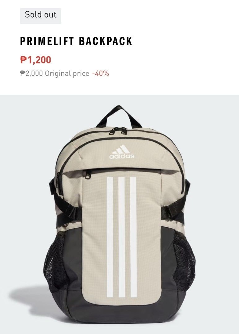 Adidas PRIMELIFT Backpack (Beige) (Category: Backpacks) located in Manila. Submitted by mvgc04 (Listing ID 1464355627, Image 1). Description: - Convenient side mesh pockets for water bottles or essentials - Ideal for school, work, or everyday carry DEFECT: burado na yung 3 stripes niya sa harap but it look goods pa rin naman Kindly message for actual pictures..