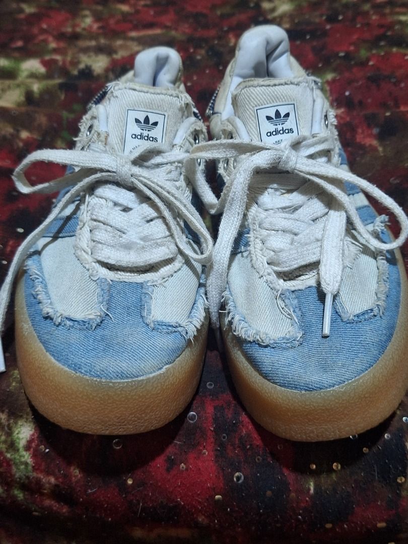 Adidas Samba Denim Sneakers (Category: Sneakers) located in Caloocan City. Submitted by tallagel27 (Listing ID 1464406381, Image 1). Description: - Adidas Samba sneakers with a unique distressed look - Denim and canvas upper - Light blue stripes and tan accents - Classic gum sole - Convenient heel zipper detail - White laces.