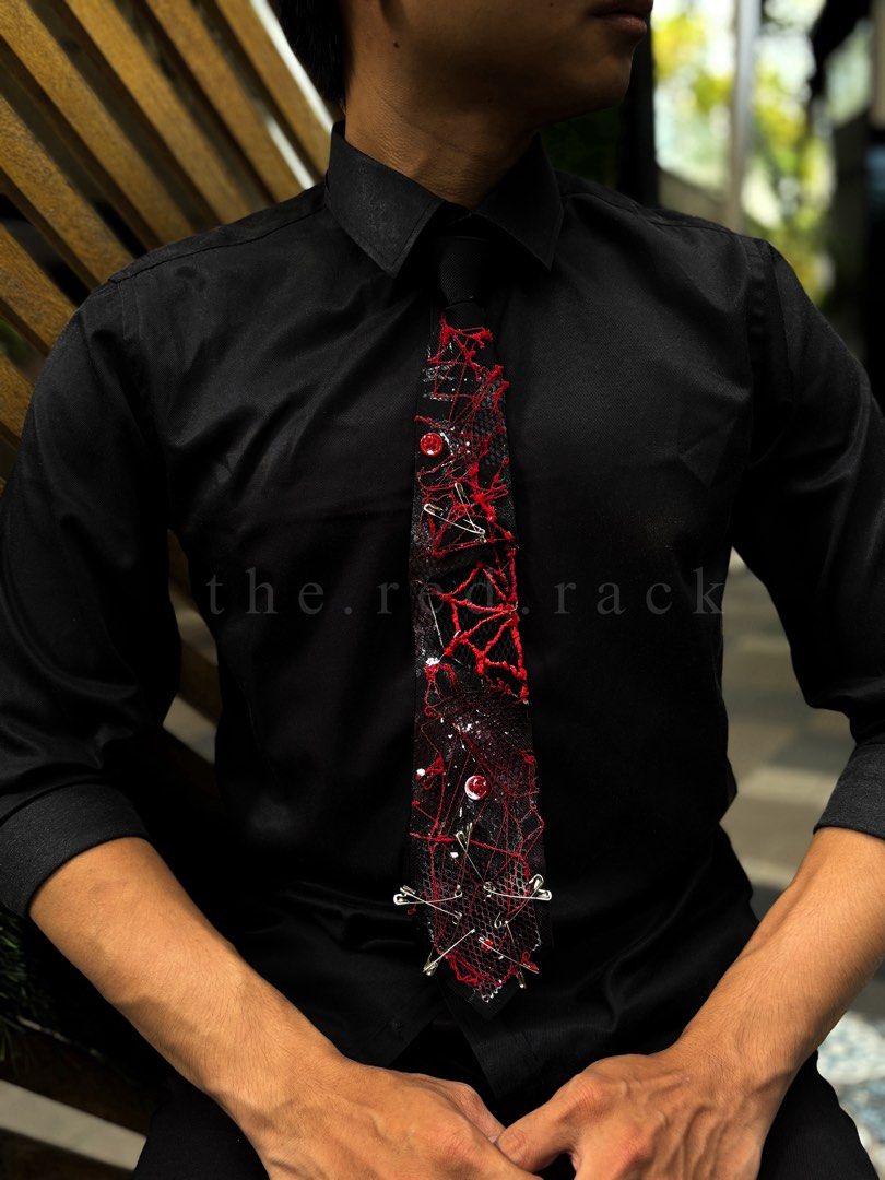[RESERVED] alt / modified / grunge / gothi / punk necktie (Category: Ties) located in Manila. Submitted by the.red.rack (Listing ID 1464386862, Image 1). Description: kurbata no. 5 •The Flesh• modified adjustable necktie with button and pins, web-like threads, sturdy fish net fabric handpainted effects with star-figure made from pins ₱850 w/handling fee meet ups only.