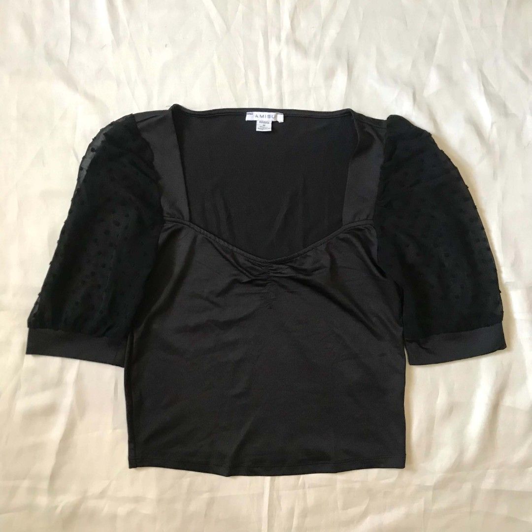 AMISU Black Puff Sleeve Square Neck Top (Category: Blouses) located in Manila. Submitted by joshbelgic17602 (Listing ID 1464439488, Image 1). Description: - Elegant black top - Flattering square neckline - Sheer puff sleeves with subtle polka dot texture - Ruched detail at the bust for a stylish fit - Perfect for dressing up or down.