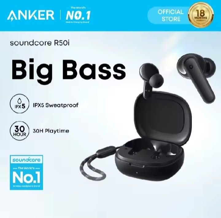 Anker Soundcore R50i True Wireless Earbuds (Category: Earphones) located in Manila. Submitted by cloestore (Listing ID 1464378705, Image 1). Description: - Anker Soundcore R50i True Wireless Earbuds - Experience Big Bass with 22 preset EQs - IPX5 Sweatproof and Waterproof - Enjoy up to 30 hours of total playtime with the charging case - Official store product with 18 months warranty - Available in Black.