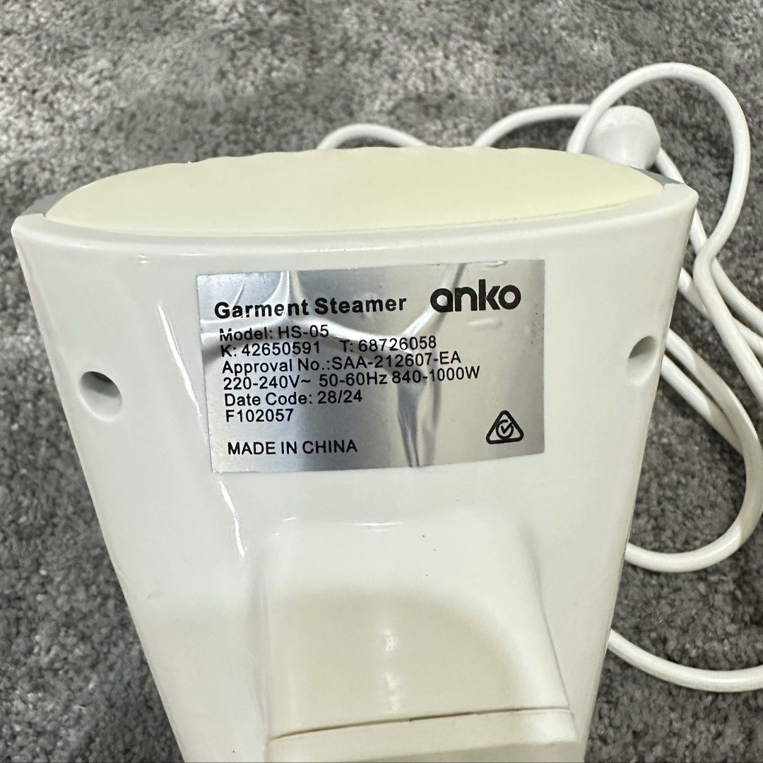 Anko Garment Steamer HS-05 (Category: Irons & Steamers) located in Paranaque City. Submitted by changingclassic (Listing ID 1464473831, Image 2). Description: Anko Garment Steamer (Model: HS-05) -Perfect for travel -rarely used - Voltage: 220-240V - Power: 840-1000W - Ideal for quick clothing touch-ups - Compact and user-friendly design - Made in China.
