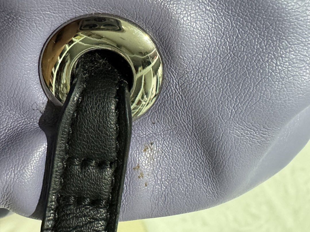 ANNA SUI Purple Leather Drawstring Handbag with Shoulder Strap (Category: Shoulder Bags) located in San Nicolas. Submitted by ihascat (Listing ID 1464449925, Image 3). Description: - Authentic ANNA SUI purple leather handbag - Drawstring closure - Black handles - Detachable black shoulder strap included - Great everyday size.