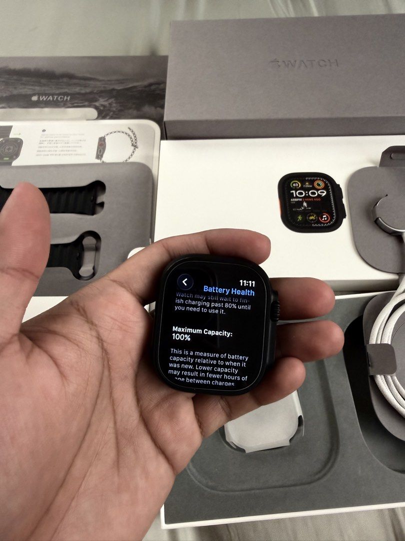 Apple Watch Ultra 2 49mm GPS+Cellular (Category: Wearables & Smart Watches) located in Taguig. Submitted by shopaww (Listing ID 1464393470, Image 2). Description: Apple Watch Ultra 2 Black Titanium with Ocean Band No issues at all! Very maingat. Good as brandnew, seldomly used. Twice a week. Includes complete original package, with tempered glass since day 1 Battery health still at 100% Warranty until 3/8/2027 Rfs: Not being used anymore Meetups: