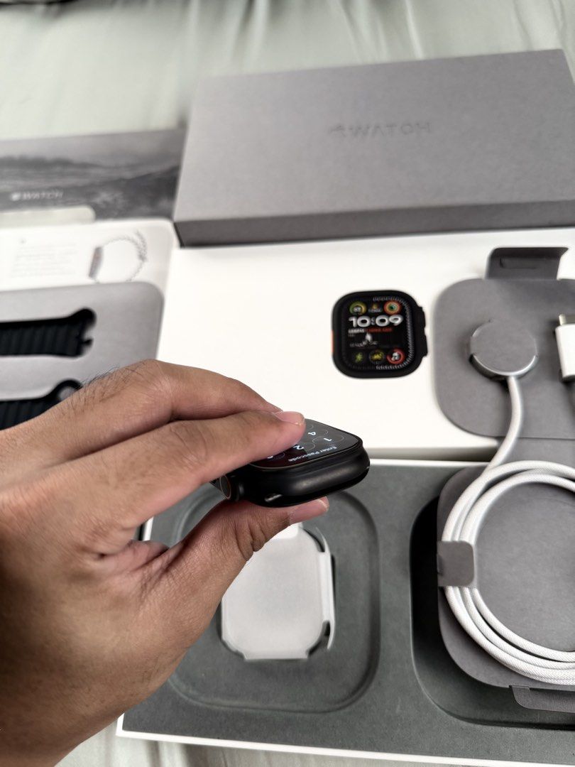Apple Watch Ultra 2 49mm GPS+Cellular (Category: Wearables & Smart Watches) located in Taguig. Submitted by shopaww (Listing ID 1464393470, Image 3). Description: Apple Watch Ultra 2 Black Titanium with Ocean Band No issues at all! Very maingat. Good as brandnew, seldomly used. Twice a week. Includes complete original package, with tempered glass since day 1 Battery health still at 100% Warranty until 3/8/2027 Rfs: Not being used anymore Meetups:
