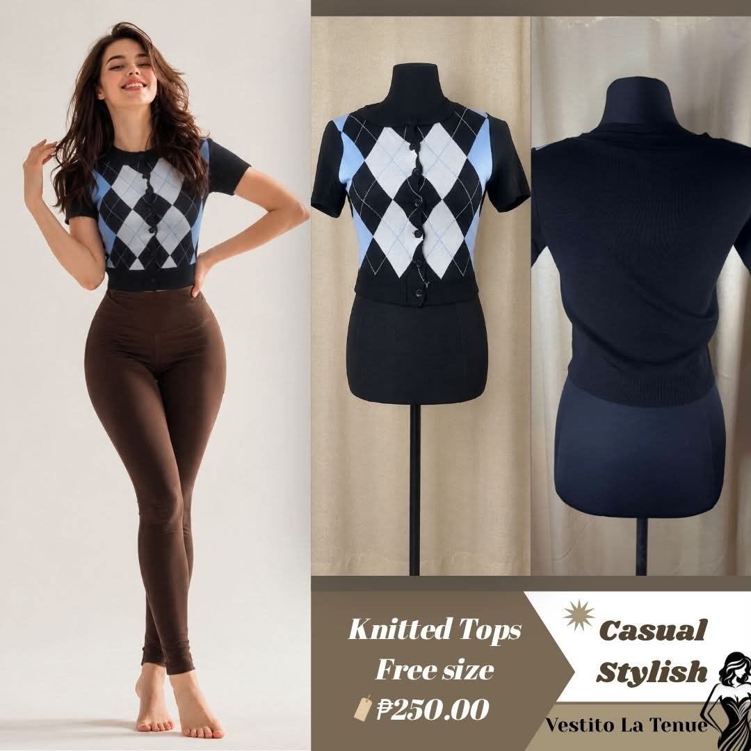 Argyle Knit Short Sleeve Button Up Top (Category: Blouses) located in Cainta. Submitted by vestito_bestida (Listing ID 1464462223, Image 1). Description: ⛔️ACTUAL PHOTO POSTED⛔️ 👉 Brandnew 👉 BKK Argyle Knitted Short Sleeve Top 👉 Size: free size 🌸 Cute argyle knit top 🌸 Short sleeves 🌸 Black with white and light blue diamond pattern 🌸 Free size fits most 🌸 Versatile for casual or dressed-up styling 🌸 Perfect for everyday wear 👉 Flatlay m