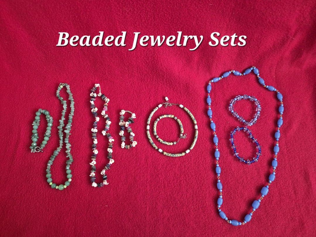 Assorted Fashion Jewelry (Category: Body Jewelry) located in Makati City. Submitted by maydeleo1 (Listing ID 1464401333, Image 2). Description: Assorted Beaded Fashion Jewelry Pre-loved ⭐️Beaded Jewelry Sets - Php130/set or Php400 for all 4 sets ⭐️Assorted Necklaces - Php60 to Php100each or take all 6 necklaces for Php300 ⭐️Assorted Bracelets - Php50 to Php80each or Take all 4 bracelets for Php180 ✨️Bundle price for all fashion jewelry Php800✨️ R