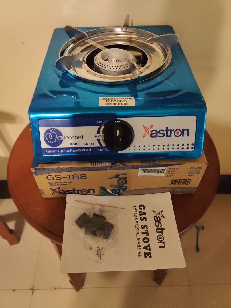 Astron GS-188 Automatic Ignition Gas Stove (Category: Cookers) located in Quezon City. Submitted by mar13.ana.13 (Listing ID 1464413278, Image 1). Description: - Astron GS-188 Portable Gas Stove - Stylish Blue Metallic Finish - Automatic Ignition with Flame Controller - Ideal for Camping and Small Kitchens - Includes Instruction Manual and Small Parts.