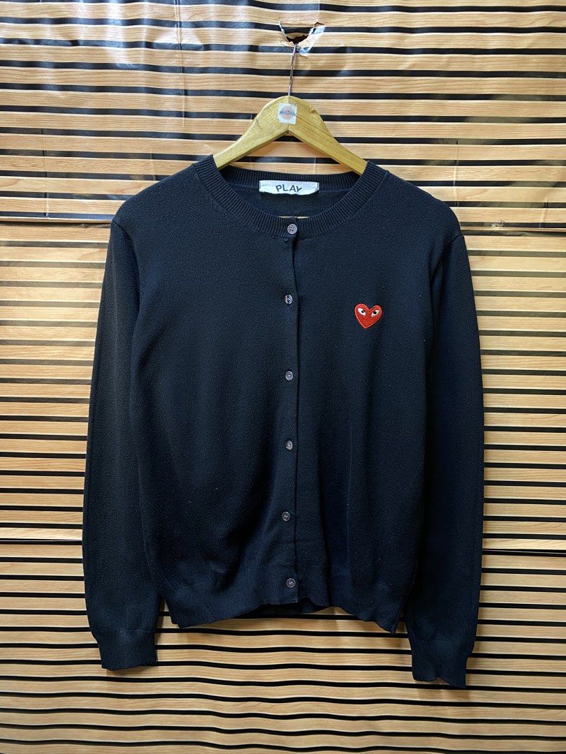 AUTHENTIC CDG PLAY CARDIGAN (Category: Coats, Jackets and Outerwear) located in Makati City. Submitted by drip.poww (Listing ID 1464536507, Image 1). Description: - Authentic Cdg play - Color: Black - Size: Meduim - Dimes: 21x26 - Authentic - Excellent condition - Need wash, fresh from bale - Material: 100% Cotton Please don’t expect too much—these are thrifted (ukay) items. 😊 !!STILL NEGOTIABLE!!.
