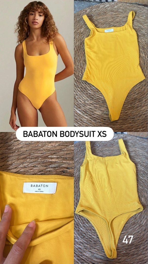 Babaton Yellow Square Neck Bodysuit XS (Category: Sleeveless) located in Malabon City. Submitted by lheithriftshop (Listing ID 1464434941, Image 2). Description: - Yellow square neck bodysuit - Brand: Babaton - Size: XS - Thong bottom - Stretchy material - Versatile: great for layering or wearing on its own - Pairs well with jeans or skirts.