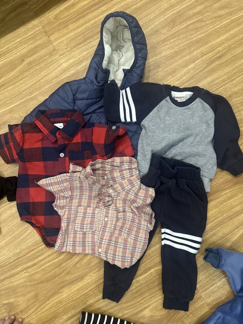 Baby Boy Winter Set Clothes 18-24mos (Category: Babies & Kids Fashion) located in Cavite. Submitted by BagsNTags (Listing ID 1464516548, Image 1). Description: - Navy puffer jacket with fleece lining (like new) - Red and navy plaid long-sleeve bodysuit (wellused) - Beige and pink plaid collared shirt (well used) - Grey and navy raglan sweatshirt andNavy pants with white stripes Set - Ideal for everyday wear and layering.