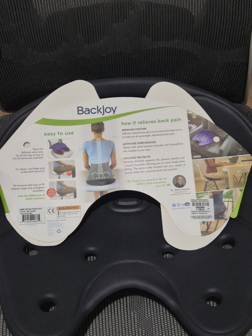 BackJoy SitSmart Posture Core Seat Cushion (Black / Charcoal) (Category: Chairs) located in Manila. Submitted by falafau (Listing ID 1464546645, Image 1). Description: Condition: ​Lightly used (used around 5 -10 times only). Comes with original cardboard packaging/tag. Cleaned and sanitized. It just sits in my cabinet. ​Description: ​Selling my BackJoy SitSmart Posture Core posture-correcting seat cushion. Only used about 5 times, as good as new 