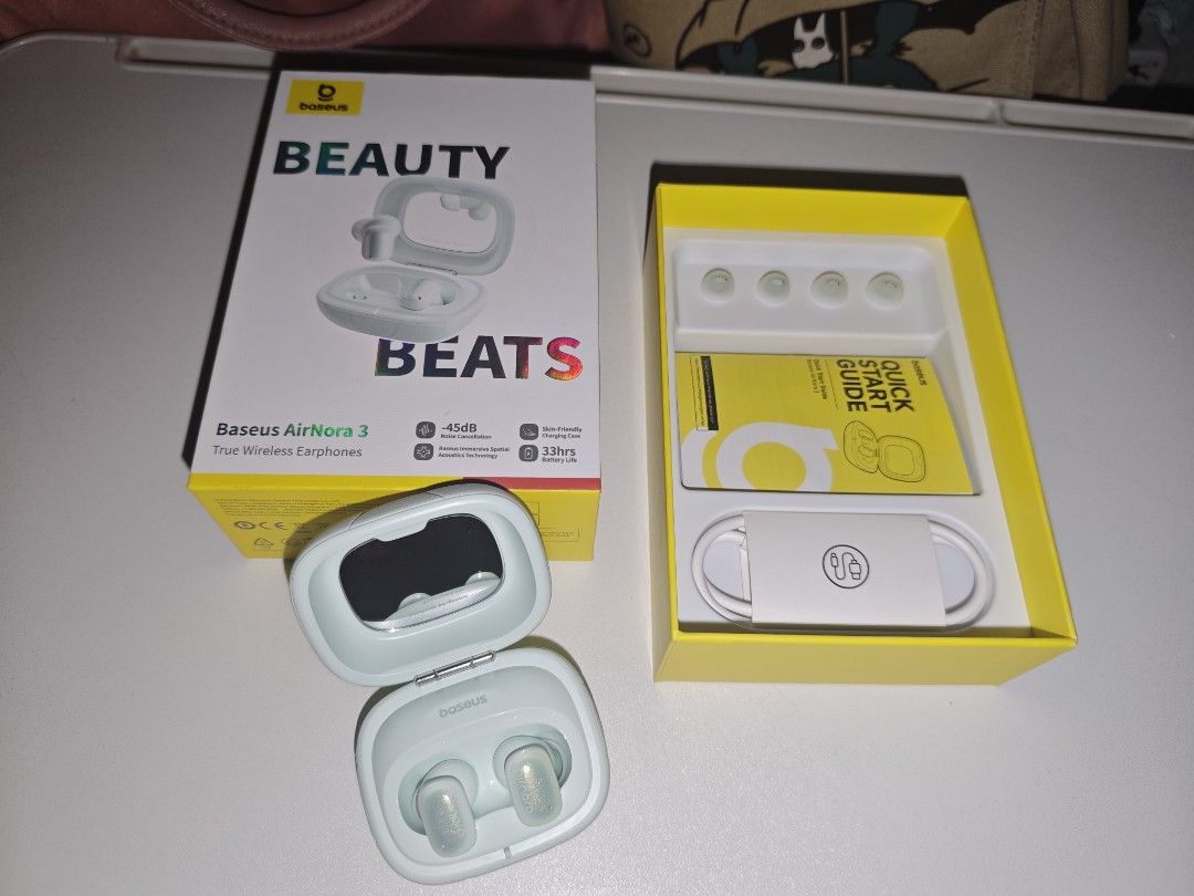 Baseus AirNora 3 True Wireless Earphones (Category: Earphones) located in Taguig. Submitted by i7myien70216 (Listing ID 1464456226, Image 3). Description: Selling my Baseus AirNora 3 TWS earbuds in good working condition. ✨ Features: - Adaptive ANC / Noise Cancellation - Transparency Mode - In-ear detection / auto pause - Customizable touch controls via Baseus app - Multiple noise-control modes - Good sound quality - IPX5 water resistance - Bluet