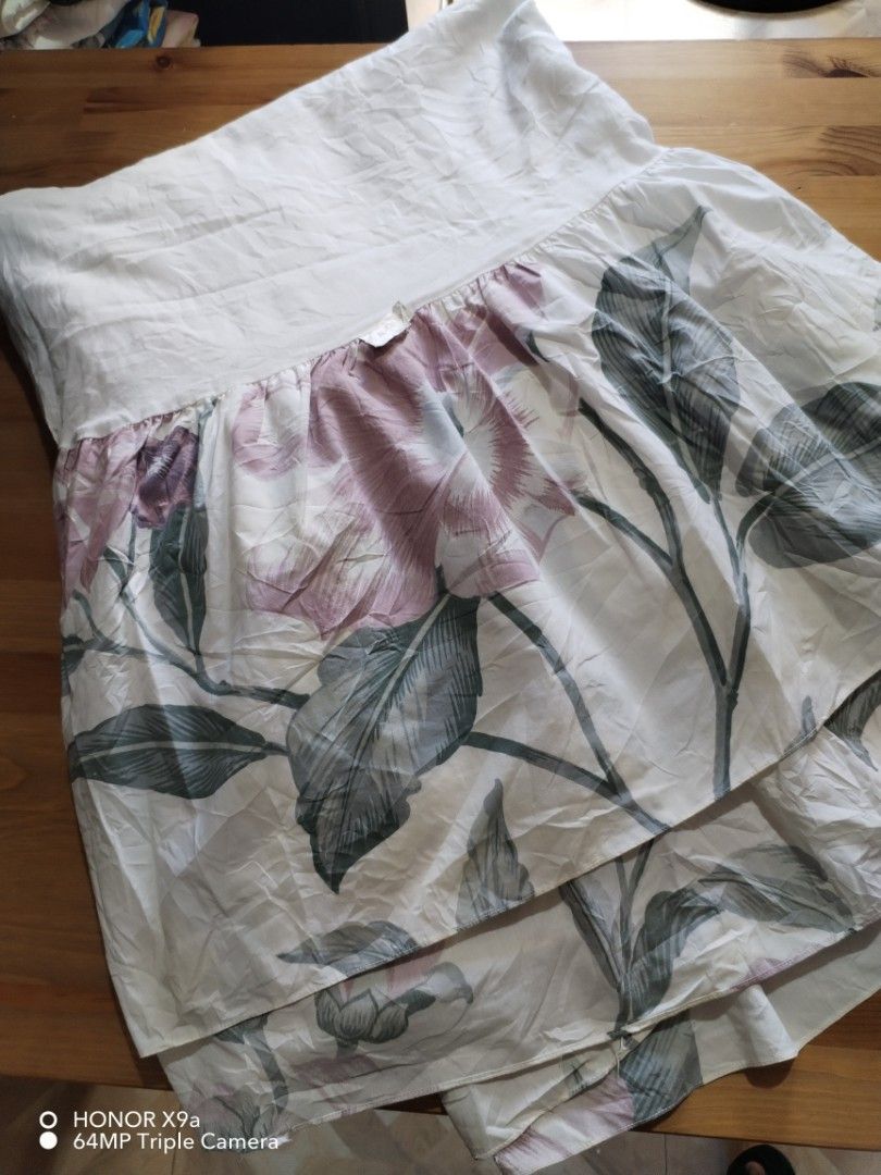 Bed skirt ( 54 x 84 inches) (Category: Bedding & Towels) located in Muntinlupa City. Submitted by arciagamaryann68 (Listing ID 1464460002, Image 1). Description: - Bed skirt with a beautiful floral print - Dimensions: 54 x 84 inches - Features a ruffled design for a classic look - Soft pink and green floral pattern - Enhances bedroom decor.