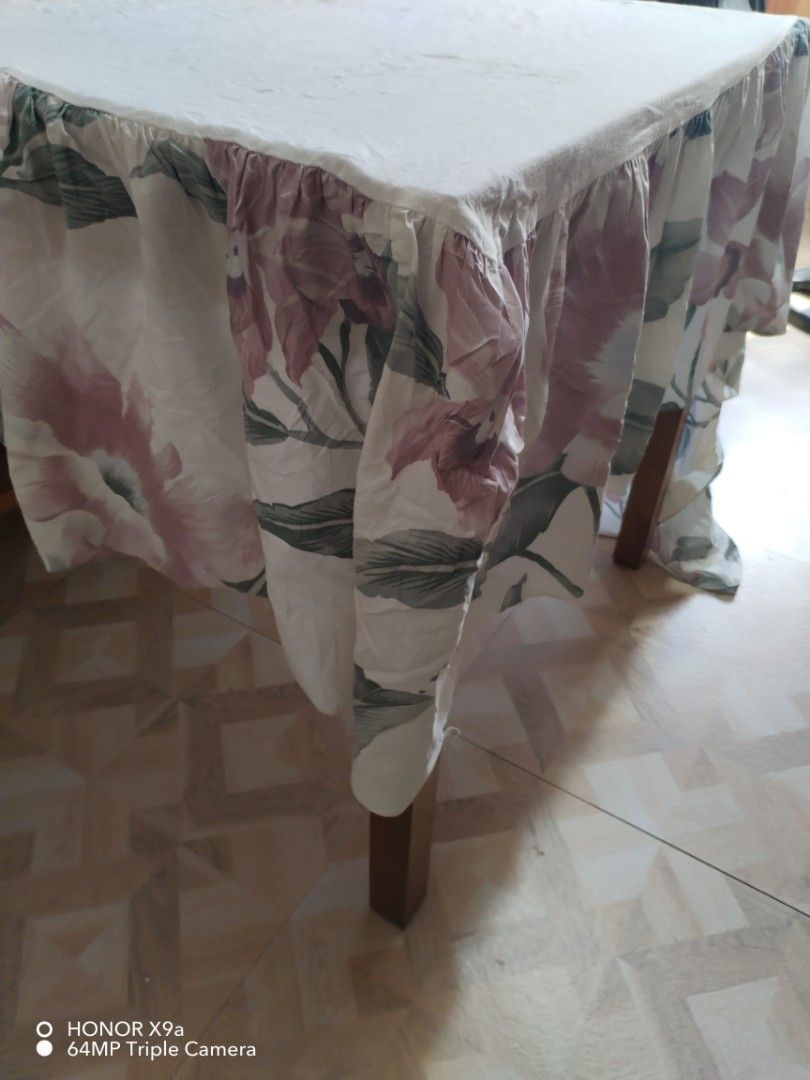 Bed skirt ( 54 x 84 inches) (Category: Bedding & Towels) located in Muntinlupa City. Submitted by arciagamaryann68 (Listing ID 1464460002, Image 3). Description: - Bed skirt with a beautiful floral print - Dimensions: 54 x 84 inches - Features a ruffled design for a classic look - Soft pink and green floral pattern - Enhances bedroom decor.