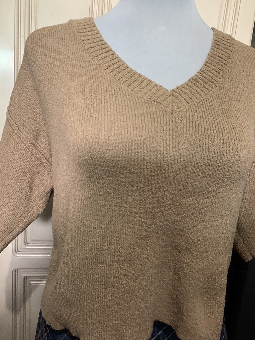 Beige V-neck Knit Sweater (Category: Coats, Jackets and Outerwear) located in Quezon City. Submitted by clothingline4sale (Listing ID 1464452538, Image 2). Description: Mocha V neck Knitted Top Very good condition/ like new Size : large - xl Bust: 44-54” ; Length: 19” Very nice in actual .