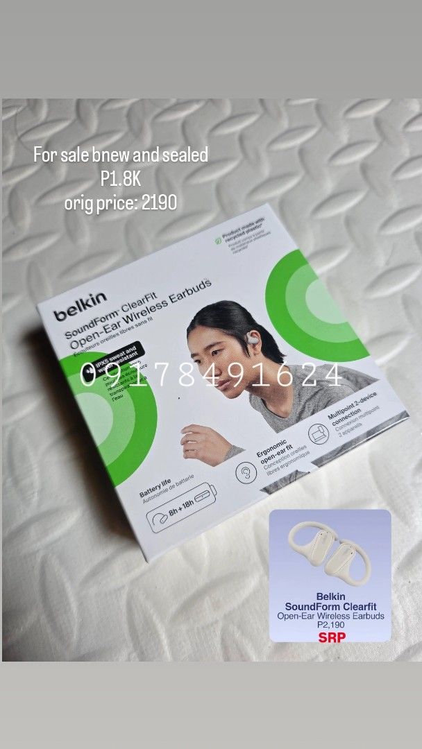 Belkin SoundForm ClearFit Open-Ear Wireless Earbuds (Category: Earphones) located in Caloocan City. Submitted by kkkarenlim (Listing ID 1464456019, Image 1). Description: - Brand New & Sealed Belkin SoundForm ClearFit Open-Ear Wireless Earbuds - Original Price: PHP 2,190 - Selling Price: PHP 1,800 (Discounted!) - IPX5 Sweat and Water-Resistant - Ergonomic Open-Ear Fit for Comfort - Multipoint Connection: Connect to 2 Devices Simultaneously - Batt