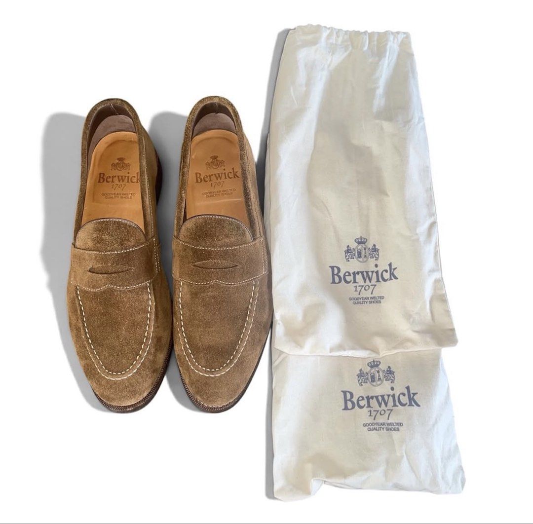 Berwick penny loafers Suede brown (Category: Casual Shoes) located in Binan City. Submitted by ronsanchez (Listing ID 1464473763, Image 1). Description: Berwick penny loafers Suede brown Used once. Can pass as new. This Berwick penny loafers crafted from premium brown suede, featuring a classic apron toe with contrast white stitching, a traditional leather lining, and a durable Goodyear-welted sole that has been reinforced with a textured Vibram 
