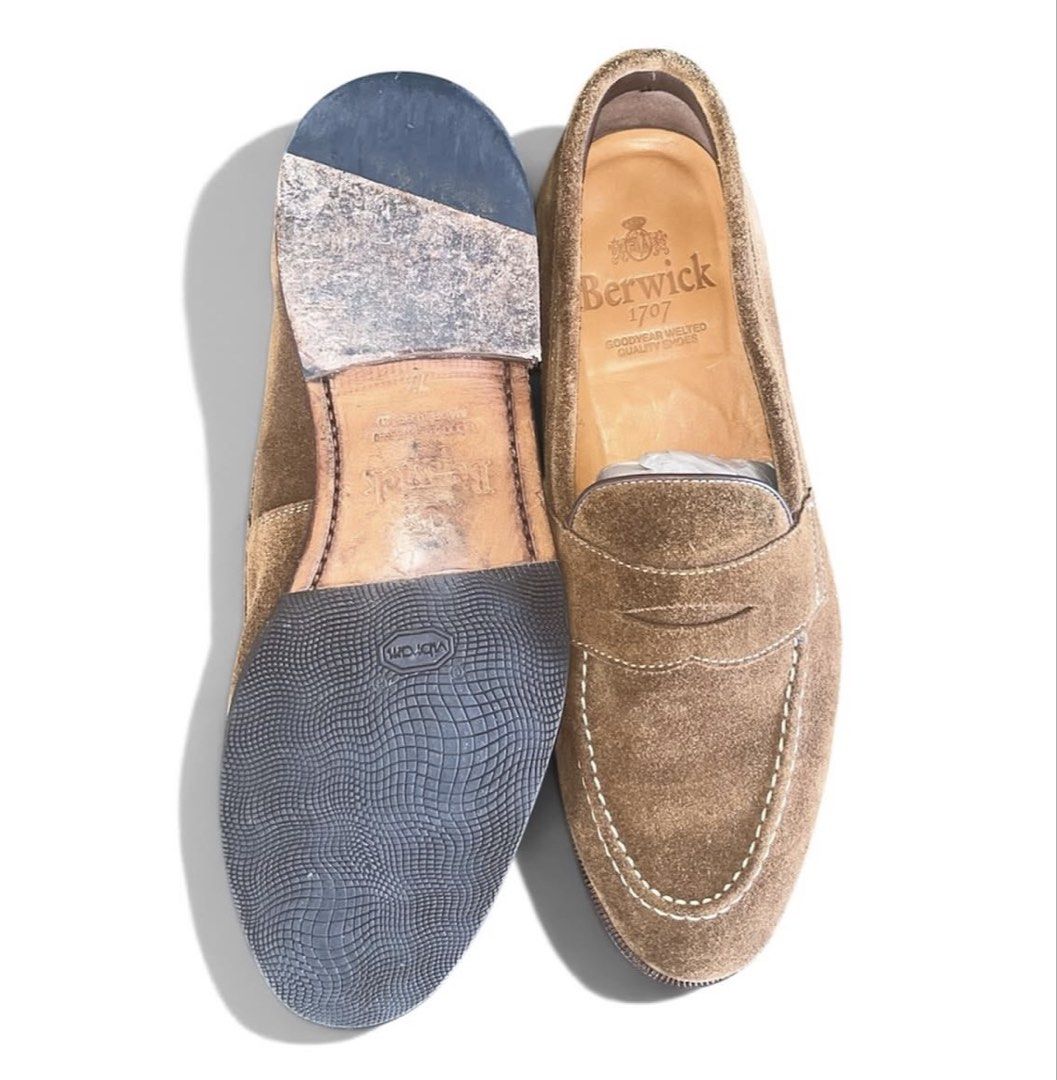 Berwick penny loafers Suede brown (Category: Casual Shoes) located in Binan City. Submitted by ronsanchez (Listing ID 1464473763, Image 2). Description: Berwick penny loafers Suede brown Used once. Can pass as new. This Berwick penny loafers crafted from premium brown suede, featuring a classic apron toe with contrast white stitching, a traditional leather lining, and a durable Goodyear-welted sole that has been reinforced with a textured Vibram 