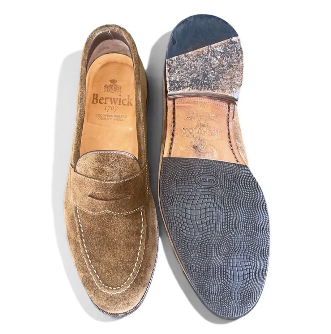 Berwick penny loafers Suede brown (Category: Casual Shoes) located in Binan City. Submitted by ronsanchez (Listing ID 1464473763, Image 3). Description: Berwick penny loafers Suede brown Used once. Can pass as new. This Berwick penny loafers crafted from premium brown suede, featuring a classic apron toe with contrast white stitching, a traditional leather lining, and a durable Goodyear-welted sole that has been reinforced with a textured Vibram 