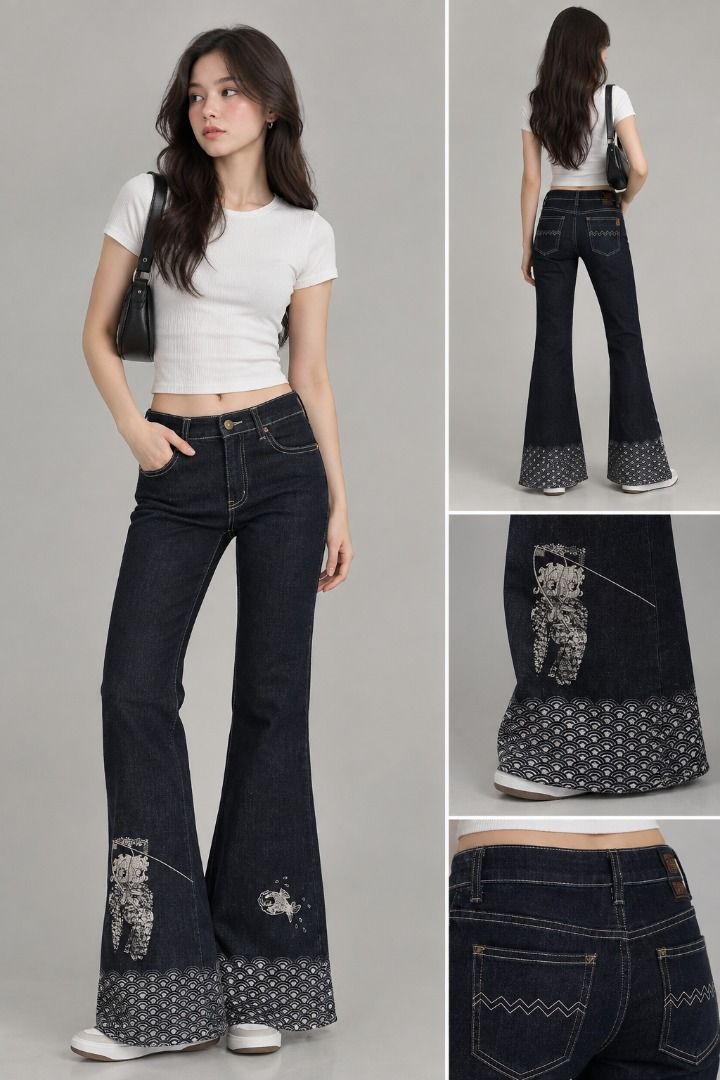 Betty Boop Flared Jeans with Wave Pattern (Category: Jeans) located in Talisay. Submitted by justindanielle17 (Listing ID 1464288833, Image 1). Description: -Waist: 28 -Length: 38 -Leh Opening: 10.5 inches -Excellent Condition -9.9/10 Color rate -Dark wash flared jeans - Features iconic Betty Boop graphics on the legs - Unique wave pattern on the hem - Stylish white stitching details throughout - Classic button and zip closure - Perfect for a sta