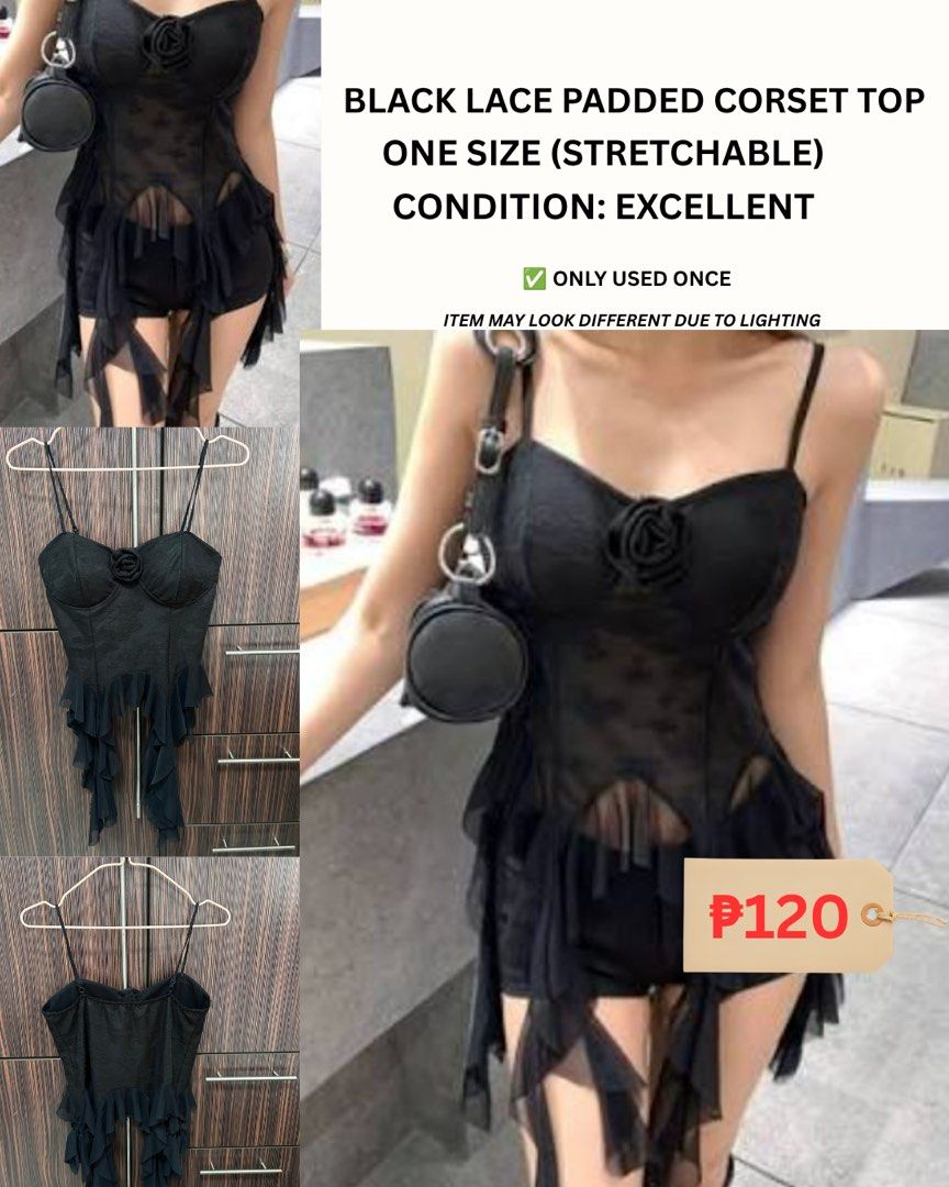 Black Lace Padded Corset Top One Size Stretchable (Category: Sleeveless) located in Cebu City. Submitted by pau.ky (Listing ID 1464481032, Image 1). Description: -RFS: Decluttering - Black lace corset top - Padded cups for support - One size fits most (stretchy material) - Features a delicate rose detail on the bust - Ruffled trim at the hem for a feminine touch - Super versatile: perfect for dressing up or layering - Note: Actual color may vary 