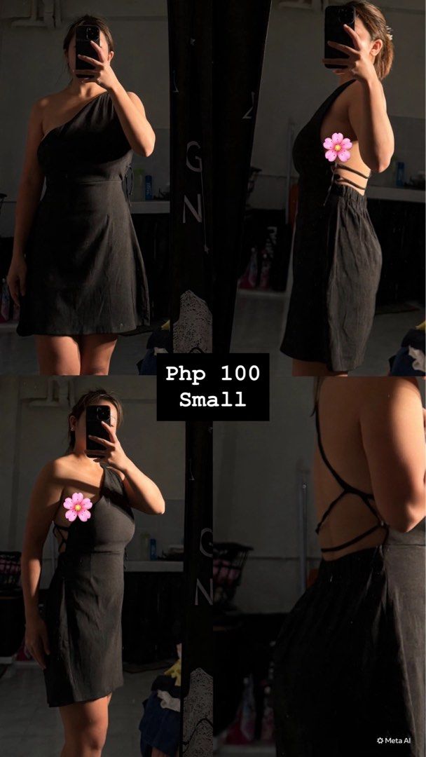 Black One-Shoulder Mini Dress with Strappy Back (Category: Dresses) located in Makati City. Submitted by mrnlsmrtnz (Listing ID 1464386030, Image 1). Description: Cute black mini dress, size small. One-shoulder with strappy back. Side ties. Perfect for night out or casual wear. Php 100..