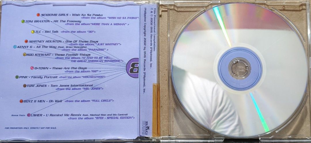 BMG Sampler Volume 8 2002 CD (Category: CDs & DVDs) located in Manila. Submitted by ruelcabrer77078 (Listing ID 1464556053, Image 2). Description: - BMG Sampler Volume 8 (2002) - Features artists: Sexbomb Girls, Toni Braxton, TLC, Whitney Houston, Kenny G, Rod Stewart, O-Town, Pink, Tom Jones, Boyz II Men - Bonus track by Usher - Promotional compilation - Strictly not for sale.