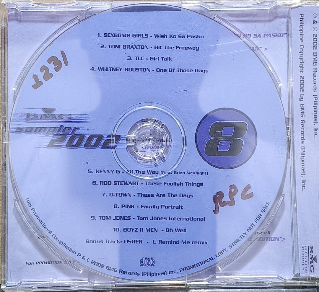 BMG Sampler Volume 8 2002 CD (Category: CDs & DVDs) located in Manila. Submitted by ruelcabrer77078 (Listing ID 1464556053, Image 3). Description: - BMG Sampler Volume 8 (2002) - Features artists: Sexbomb Girls, Toni Braxton, TLC, Whitney Houston, Kenny G, Rod Stewart, O-Town, Pink, Tom Jones, Boyz II Men - Bonus track by Usher - Promotional compilation - Strictly not for sale.