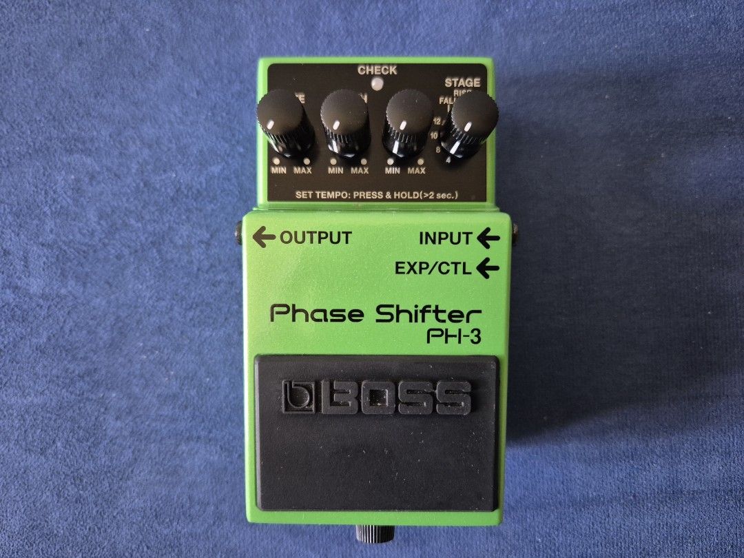 BOSS PH-3 Phase Shifter Guitar Pedal (Category: Musical Instruments) located in Bantay. Submitted by backyardcyclist (Listing ID 1464378999, Image 1). Description: - BOSS PH-3 Phase Shifter pedal - Classic green stompbox design - Adds phasing effects to your guitar sound - Controls: RATE, CHECK, STAGE, RISE knobs - Includes tempo setting function - Has Input, Output, and EXP/CTL jacks.