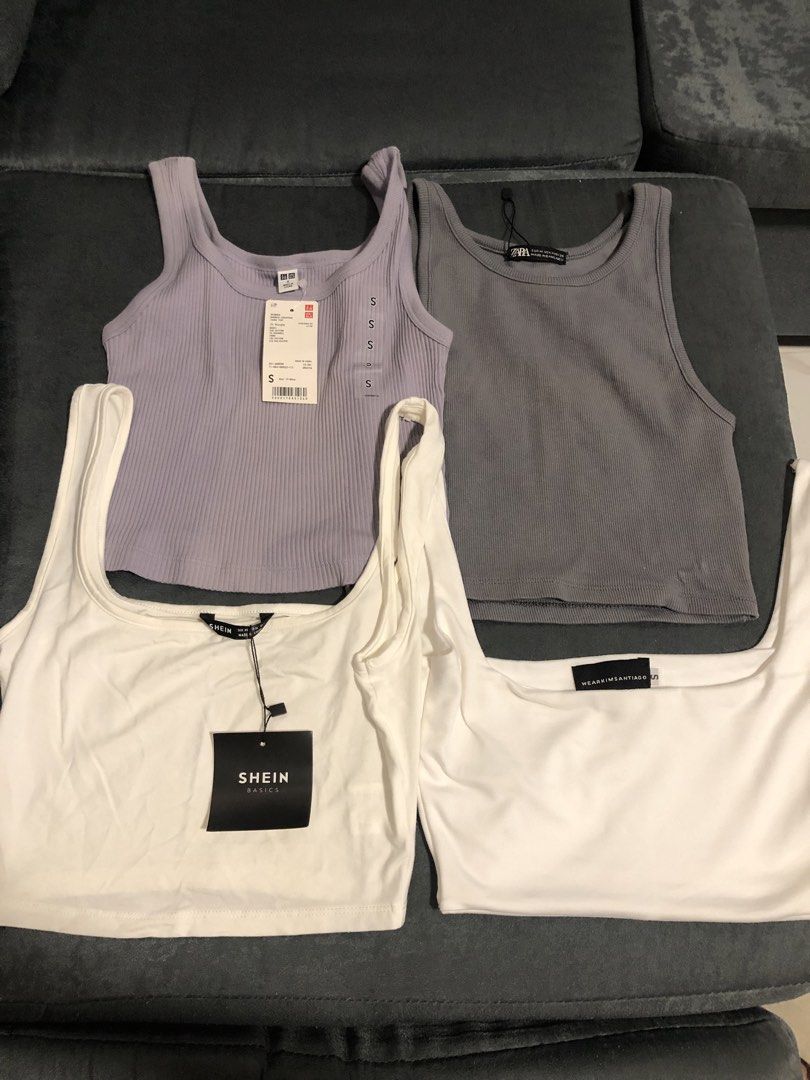 Branded Tops Bundle (xs-s) (Category: Sleeveless) located in Bulacan. Submitted by kkaye_ (Listing ID 1464475615, Image 1). Description: - Bundle of 4 tank/crop tops - Includes: Uniqlo (lilac), Zara (grey), Shein Basics (white), Kimsantiago (white) - All size Xs-S some with tags - Versatile basics for any outfit.