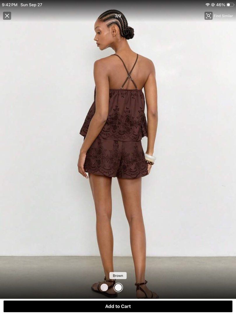 Brown Eyelet Cami Top and Shorts Set (Category: Sets or Coordinates) located in Pasay City. Submitted by nukachi (Listing ID 1464500663, Image 2). Description: - Adorable brown cami top and shorts set. - Features delicate eyelet embroidery all over. - Top has adjustable straps with charming beaded details. - Ideal for casual outings or beach vacations. - Comfortable and stylish design..