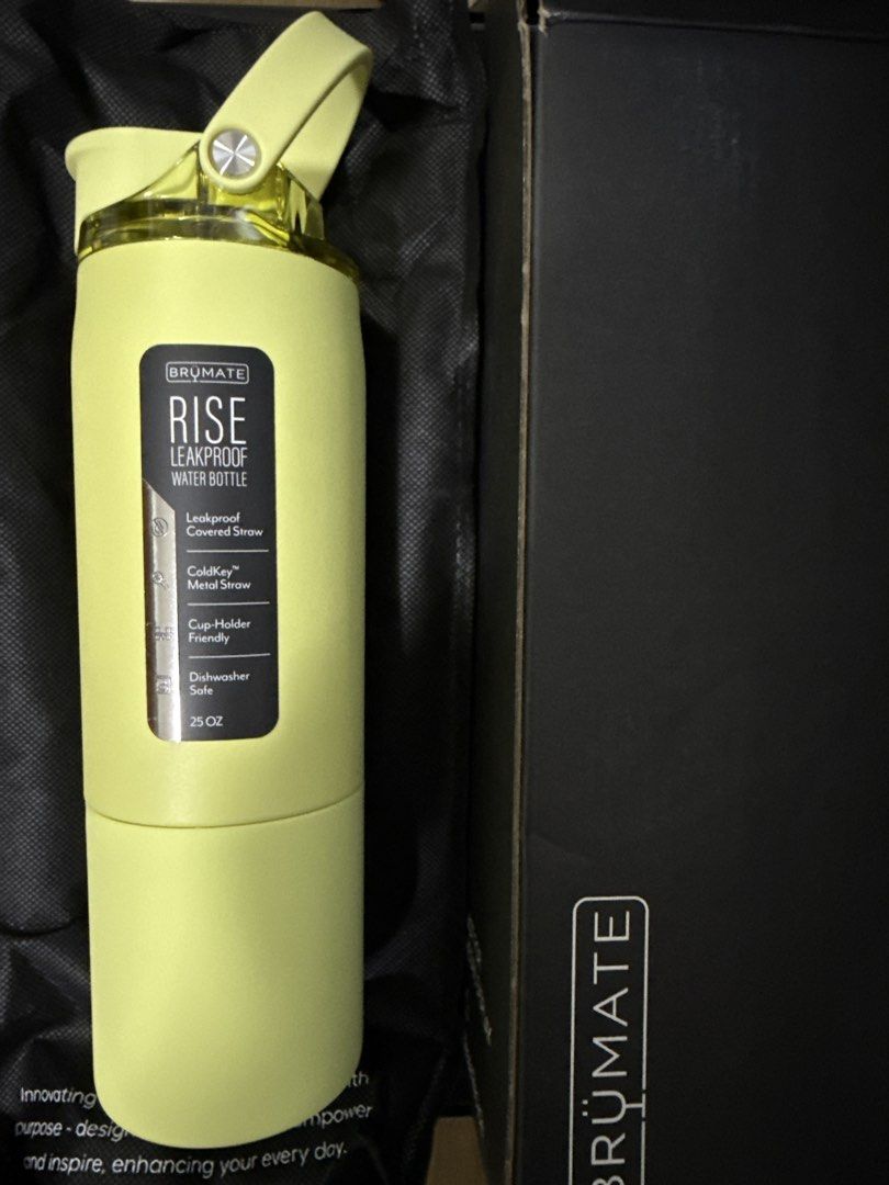 Brumate Rise Leakproof Water Bottle 25oz (Category: Water Bottles & Tumblers) located in Manila. Submitted by mikanorange99 (Listing ID 1464446729, Image 2). Description: - Brumate Rise 25oz water bottle - Prickly pear color Bought from Amazon - Leakproof design - Covered straw for hygiene - Features ColdKey metal straw - Fits standard cup holders - Dishwasher safe for easy cleaning RFS: Thought it was green. This is more yellow.