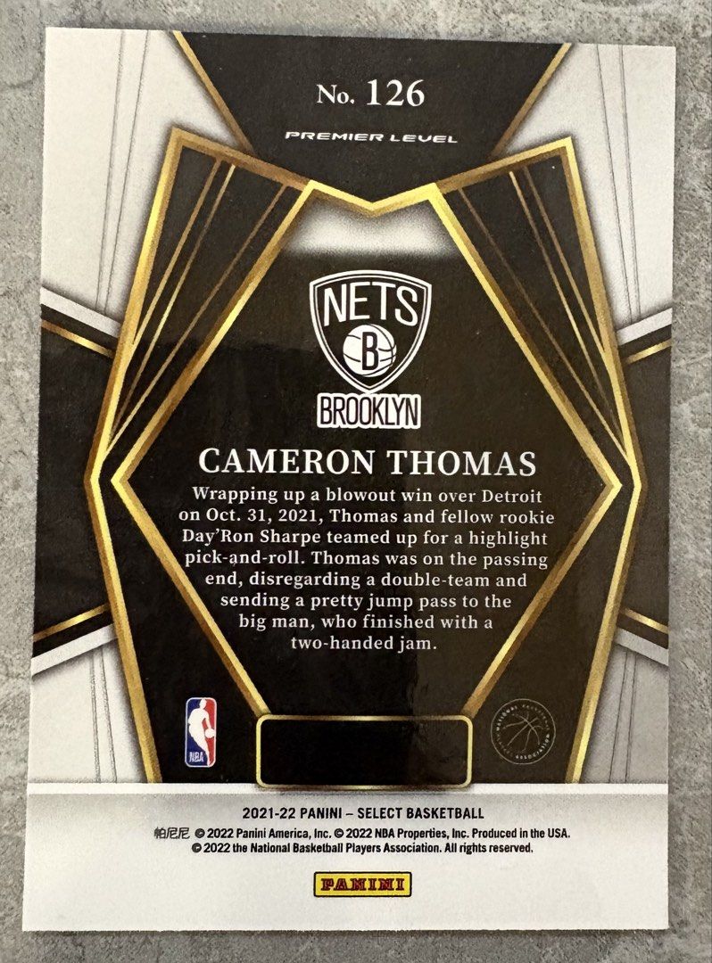 Cameron Thomas 126 (Category: Raw Singles) located in Manila. Submitted by steadycards80 (Listing ID 1464467122, Image 2). Description: Rookie card premier level.