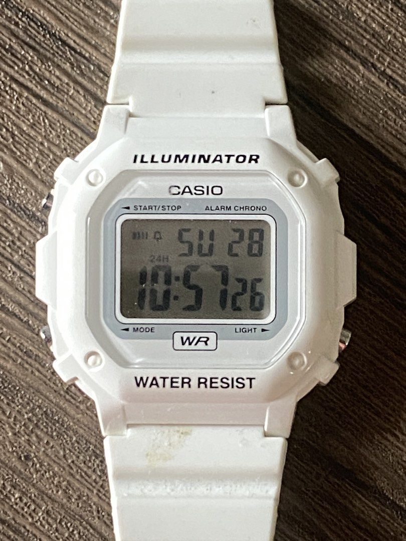 Casio Illuminator Water Resist Digital Watch White (Category: Women's Watches) located in Quezon City. Submitted by jiujitsu_la (Listing ID 1464373558, Image 1). Description: - White Casio digital watch - Illuminator backlight for easy reading - Water resistant - Built-in alarm and stopwatch (chrono) functions - Adjustable strap - Minor marks on strap, please check photos - Fully functional and works well Mark down from 900 to 800.