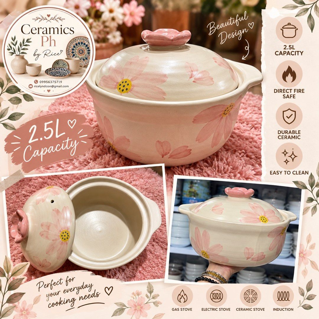 Ceramics PH by Rice 2.5L Ceramic Pot - Direct Fire Safe (Category: Cookware & Accessories) located in Manila. Submitted by itsssrice (Listing ID 1464500369, Image 1). Description: - Beautiful ceramic pot with a lovely floral design. - Generous 2.5L capacity, ideal for everyday cooking. - Durable and safe for direct fire use. - Easy to clean and maintain. - Compatible with gas, electric, ceramic, and induction stoves..