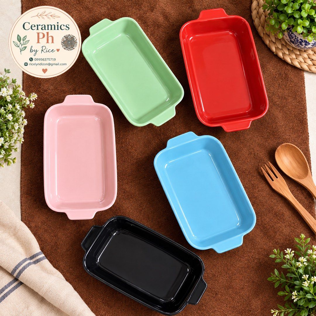 Ceramics Ph by Rice Rectangular Baking Dishes - Multiple Colors (Category: Bakeware) located in Manila. Submitted by itsssrice (Listing ID 1464501364, Image 1). Description: - Rectangular ceramic baking dishes from Ceramics Ph by Rice. - Available colors: Pink, Green, Red, Blue, Black. - Ideal for baking and serving. - Dishwasher and microwave safe. - Perfect size for individual portions or small casseroles. - Get yours today!.