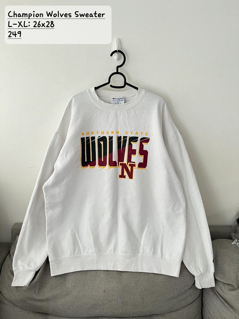 Champion Wolves University White Sweater (Category: Coats, Jackets and Outerwear) located in Quezon City. Submitted by mariaplusmoshi (Listing ID 1464524663, Image 1). Description: deets alr posted 📍EVER, COMMONWEALTH, Q.C MOP: GCASH LALAMOVE/J&T.