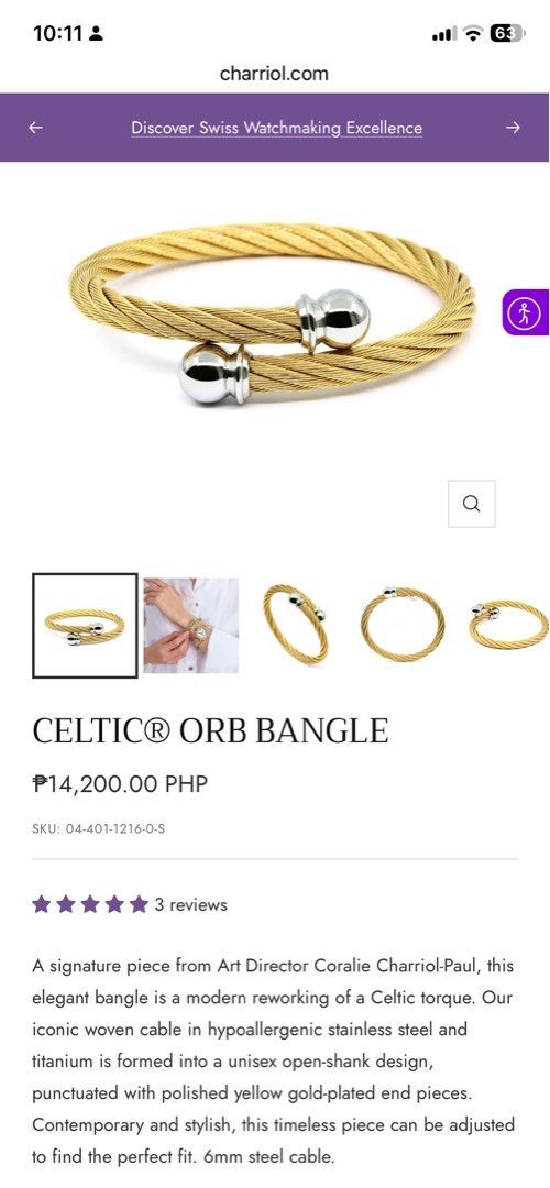 Chariol Gold Twisted Cable Bangle Bracelet with Silver Caps (Category: Bracelets) located in Quezon City. Submitted by jiujitsu_la (Listing ID 1463964991, Image 3). Description: - Gold twisted cable cuff bracelet - Features silver ball caps on each end - Stylish statement piece - Perfect for wearing solo or stacking with other bracelets - Adds a touch of elegance to any outfit Markdown from 8000 to 7500.