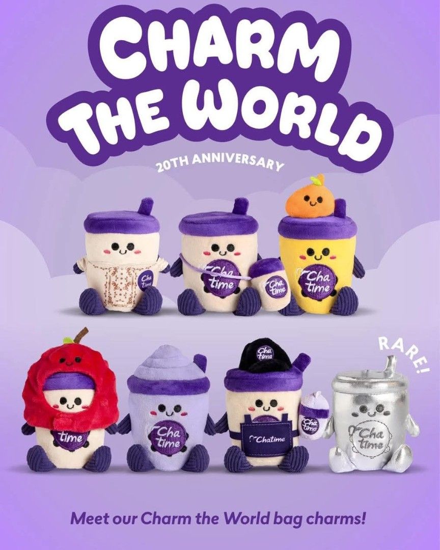 Chatime Charm The World Plush Bag Charms (Category: Plushies & Soft Toys) located in Manila. Submitted by rein618 (Listing ID 1464423364, Image 2). Description: - Authentic Chatime plush bag charms - From the 'Charm The World' 20th Anniversary collection - Includes classic bubble tea cup, red fruit character, and purple cup designs - Features clips for easy attachment to bags or keys - A must-have for any Chatime enthusiast! 300 each, 1200 as set