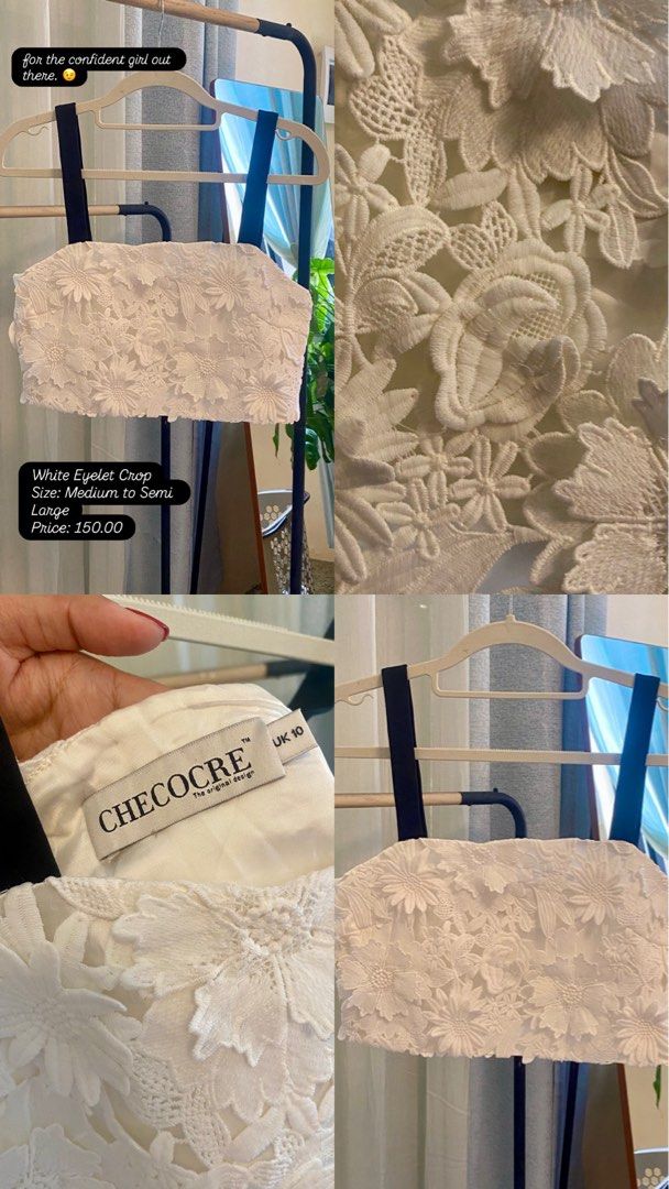 Checocre White Eyelet Lace Crop Top - Medium to Semi Large (Category: Sleeveless) located in Cebu City. Submitted by huvay_accessories_by_wil (Listing ID 1464406993, Image 1). Description: - Brand: Checocre - Style: White eyelet lace crop top - Design: Beautiful all-over floral eyelet pattern - Straps: Navy blue - Size: Fits Medium to Semi-Large - Price: ₱150.00 - Perfect for a confident and stylish look!.