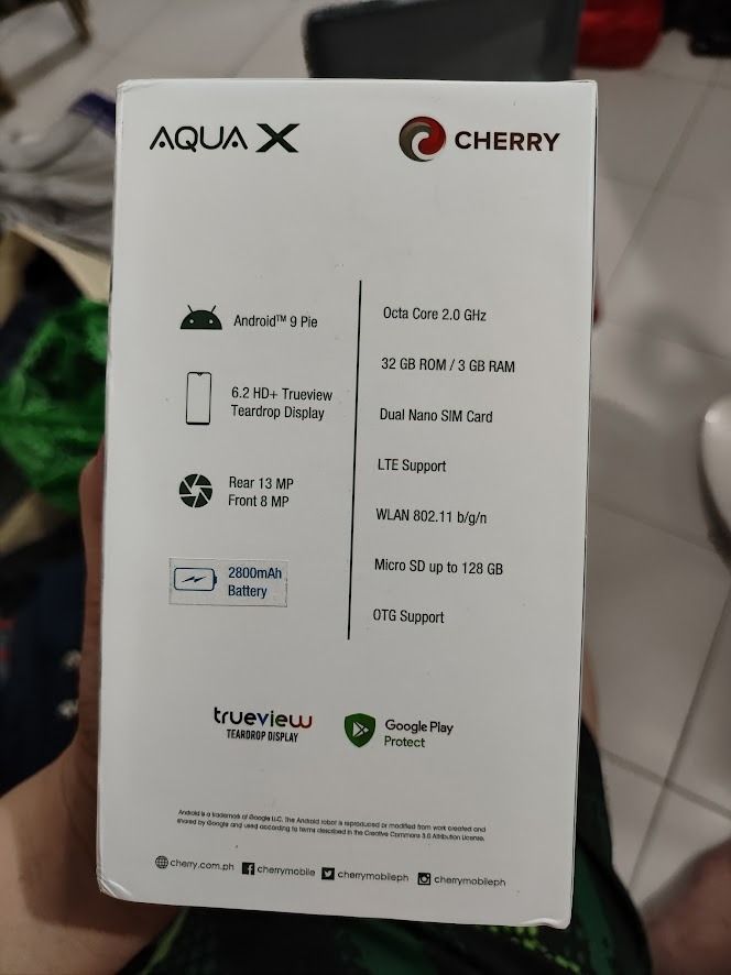 Cherry Mobile Aqua X 32GB 3GB Ram Android 9 (Category: Other Mobile & Gadget Accessories) located in Quezon City. Submitted by Mr.Skyler (Listing ID 1464566481, Image 3). Description: FOR ONLY 1.8K PRICE CLEARANCE SALE SELLING Cherry Mobile Aqua X 32GB 3GB Ram Android 9 BRAND NEW COMPLETE PACKAGE BOX MANUALS PLASTICS CABLE CHARGER.