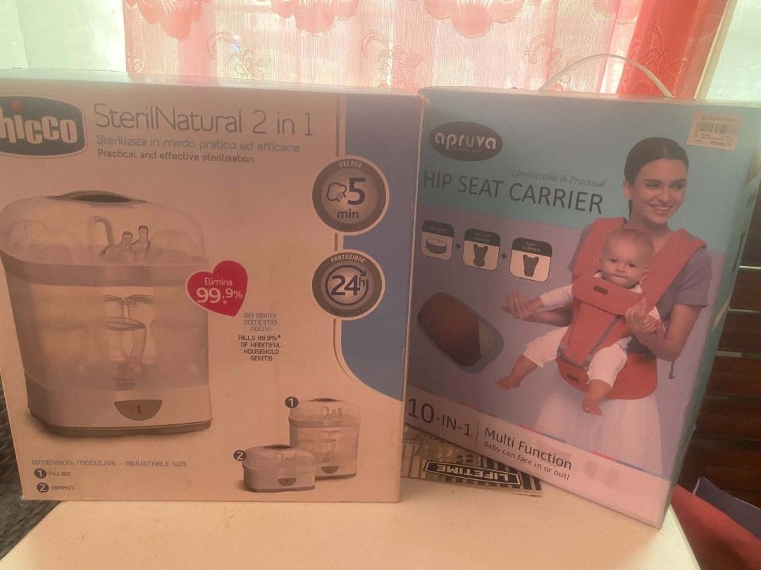 Chicco Bottle Sterilizer and Baby Carrier Bundle (Category: Other Kids Furniture) located in Muntinlupa City. Submitted by swiftowl.0cc8ab (Listing ID 1464515417, Image 1). Description: good as new bundle with complete items and box.