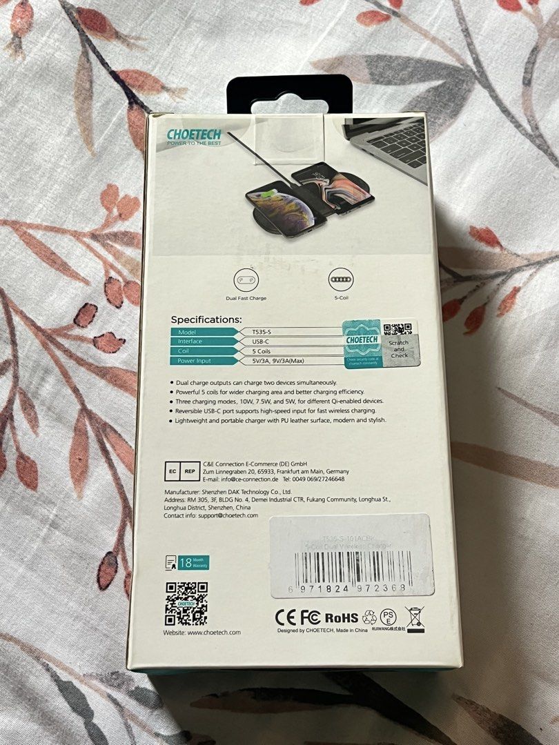 Choetech Wireless Charger (Category: Batteries & Power Banks) located in Binangonan. Submitted by heraaa21 (Listing ID 1464369006, Image 2). Description: Choetech 5-Coil Dual Fast Wireless Charger. Charges two devices simultaneously. Wide charging area. Fast and efficient. Stylish PU leather design. USB-C input..