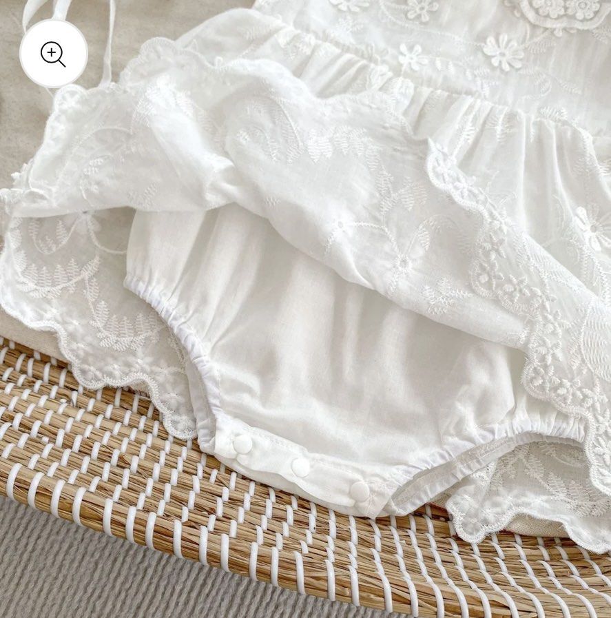 Christening Hat and Romper (Category: Babies & Kids Fashion) located in Manila. Submitted by almsgggg (Listing ID 1464440042, Image 3). Description: - Adorable white lace dress set for baby - Includes matching bonnet - Delicate all-over floral embroidery - Short sleeves and Peter Pan collar - Romper bottom with snap closures for easy diaper changes - Perfect for special occasions and christenings - Made from soft and lightweight fabric.