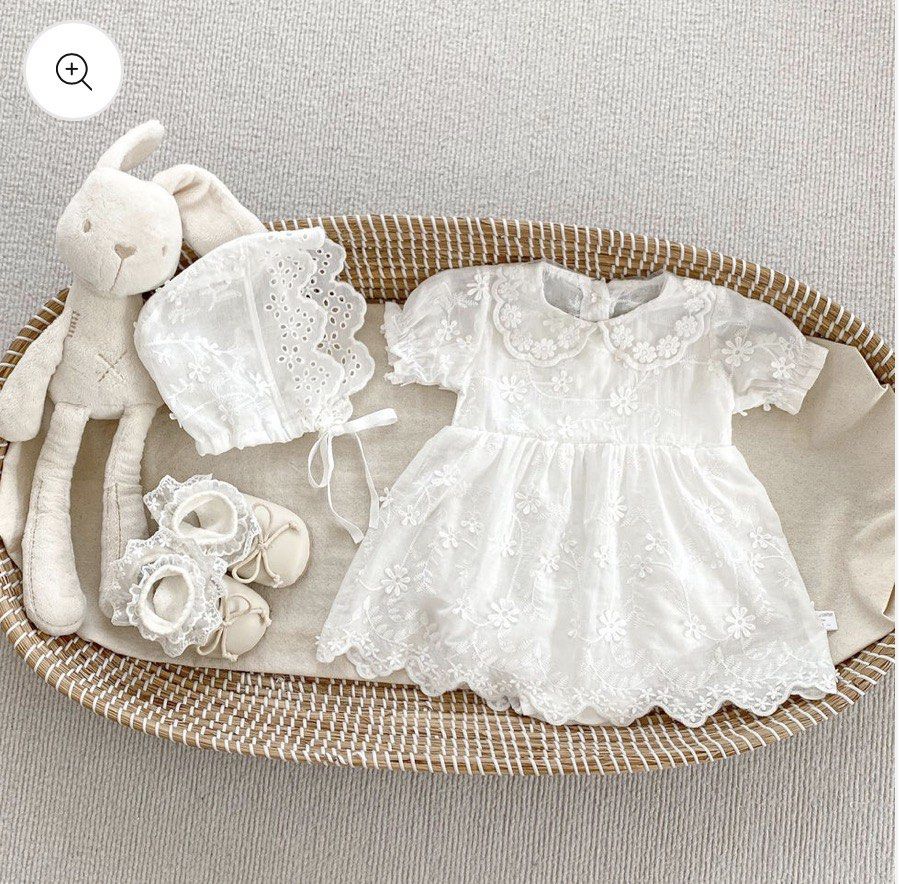 Christening Hat and Romper (Category: Babies & Kids Fashion) located in Manila. Submitted by almsgggg (Listing ID 1464440042, Image 1). Description: - Adorable white lace dress set for baby - Includes matching bonnet - Delicate all-over floral embroidery - Short sleeves and Peter Pan collar - Romper bottom with snap closures for easy diaper changes - Perfect for special occasions and christenings - Made from soft and lightweight fabric.