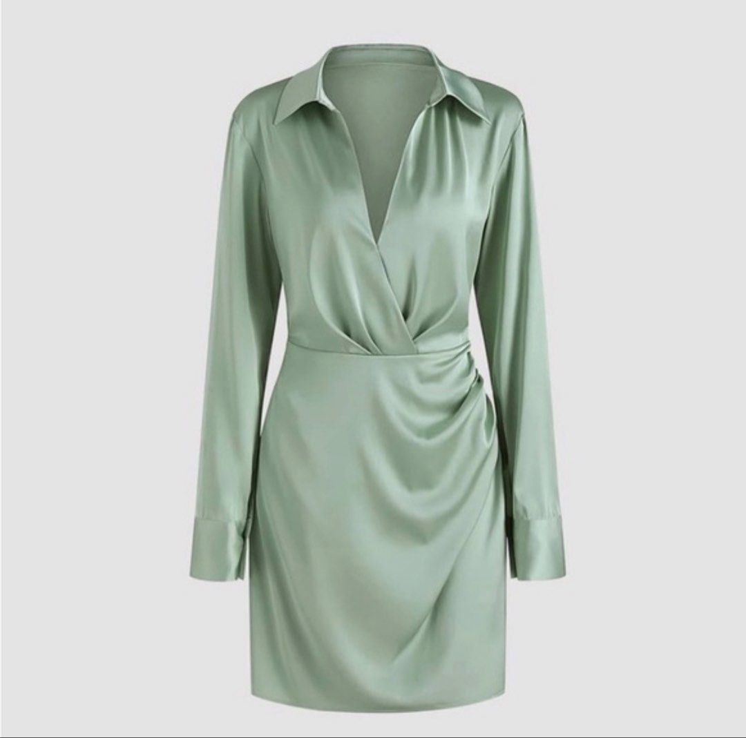 CIDER Green Satin Collared Wrap Mini Dress (Category: Dresses) located in Quezon City. Submitted by earthtodior (Listing ID 1461795518, Image 1). Description: - XS on tag but can fit up to small - Long sleeves with button cuffs - Ruched detail on the side - Collared neckline - Perfect for a night out or special occasion - Still has original tags attached.