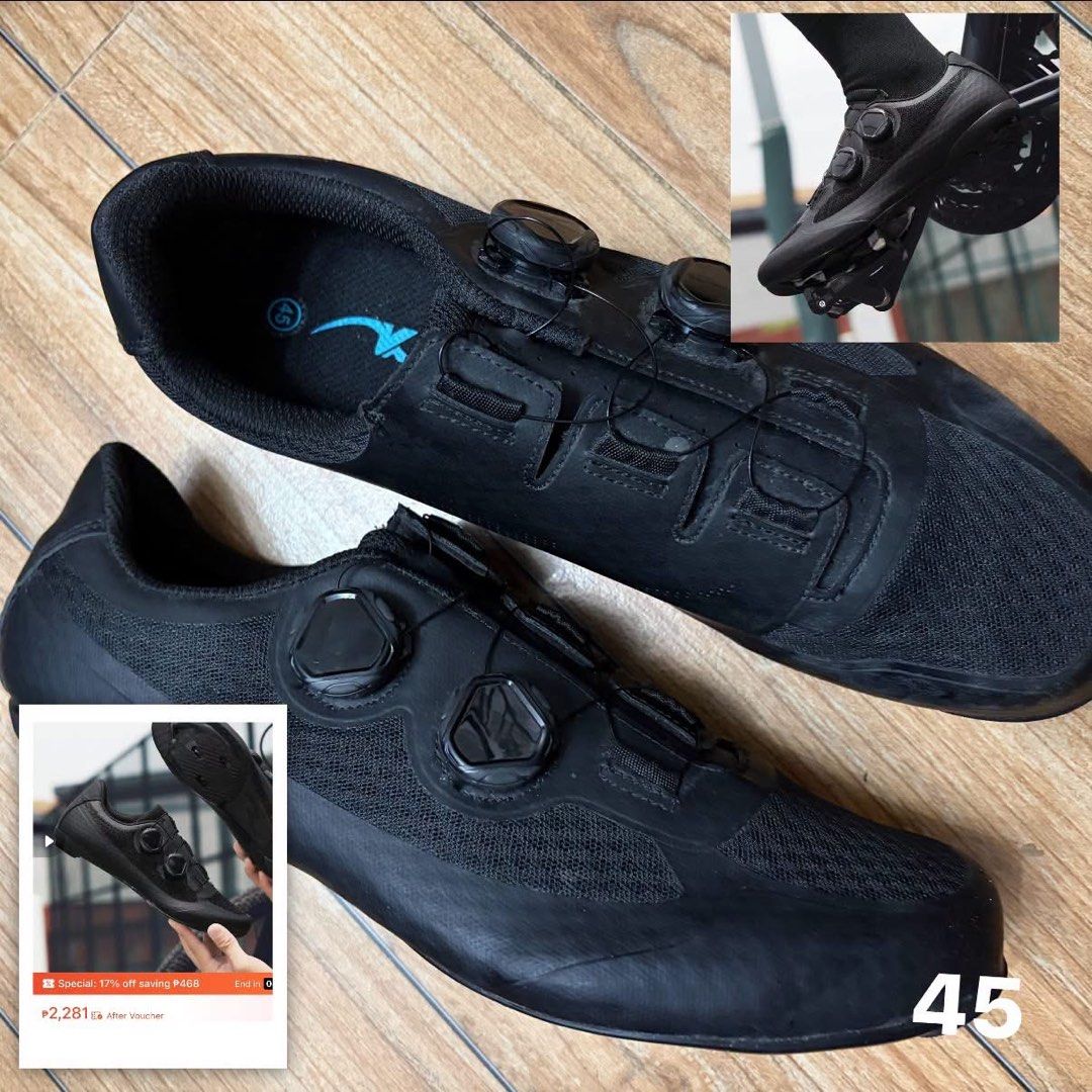 Cleat shoes (Category: Bicycles) located in Taytay. Submitted by murahubblueapppage (Listing ID 1464535082, Image 1). Description: The price and size can be seen in each photo. No flaws No issue We have store : murahub Lalamove pin: murahub Can book asap We also have cycling jersey and cycling bib.
